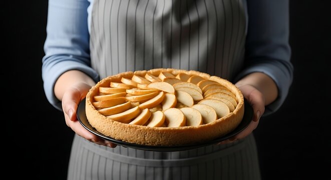 Person holding freshly baked apple tart with sliced apples arranged neatly on top