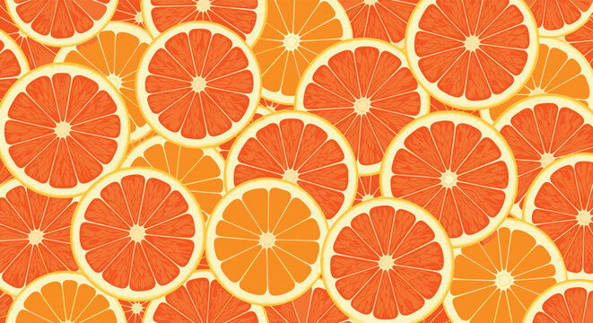 Vibrant citrus background pattern composed of overlapping fresh orange and grapefruit slices for a refreshing summer fruit theme.