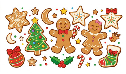 Fototapeta premium Festive Christmas gingerbread cookies cartoon vector holiday illustration set