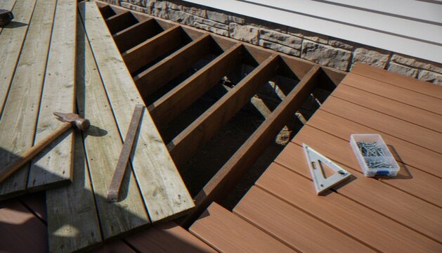 High-angle view of a partially constructed deck with composite boards, exposed wooden joists, and construction tools resting on the surface near a stone-faced house wall.