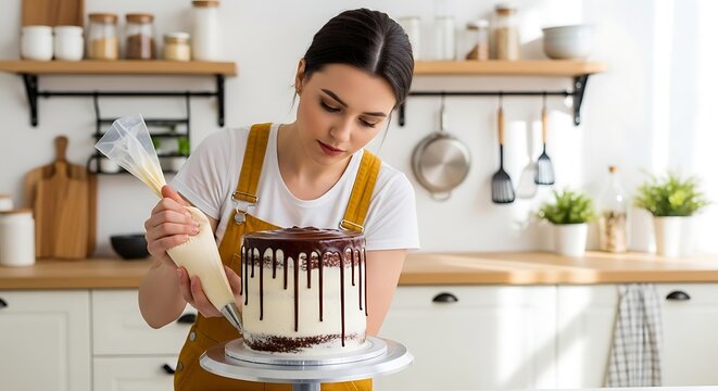 Woman decorating delicious homemade chocolate cake with white icing in a cozy modern kitchen setting