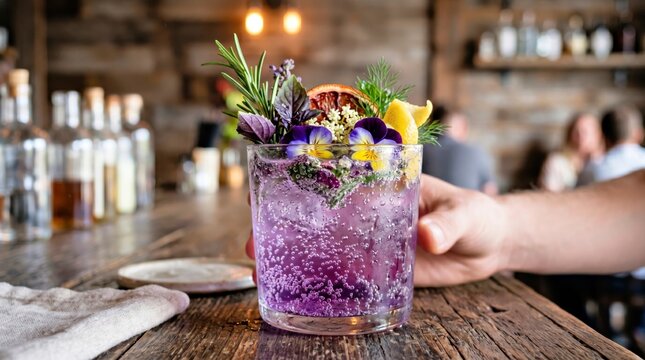Hand holding a glass of purple cocktail garnished with herbs and flowers on a wooden bar top, blurred patrons and bottles in the background
