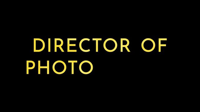 Animated film credits collection, timeless classic cinema style, elegant title cards for technical crew, cast, promotional roles. Clean golden typography on black background. Part three of seven.
