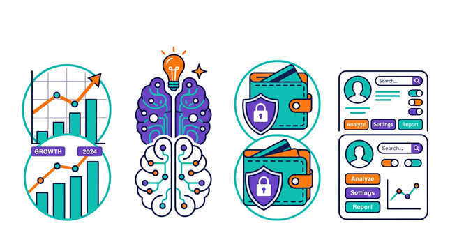 Set of business and technology icons featuring growth charts brain lightbulb secure wallets and user interface dashboard elements in flat vector style