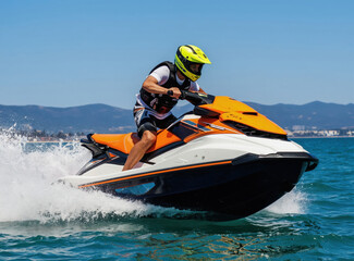 Fototapeta premium Man rides orange and white jet ski fast on blue ocean water. He wears yellow helmet and black life vest. Water splashes spray from the fast moving watercraft on bright sunny day.