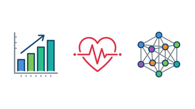 Vector illustration set featuring a rising bar chart a red heart rate monitor symbol and a colorful geometric network node structure on white