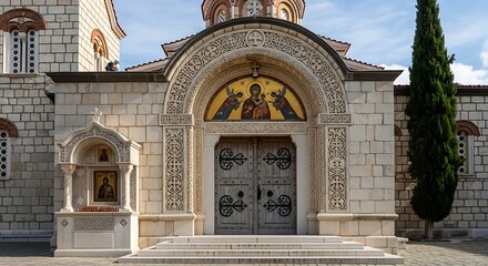 Obraz premium Ornate stone facade with mosaic of religious figures above double doors
