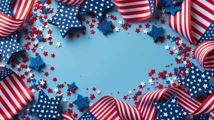 Obraz premium Patriotic flat lay with stars stripes decorations, confetti, top view, clean composition, copy space