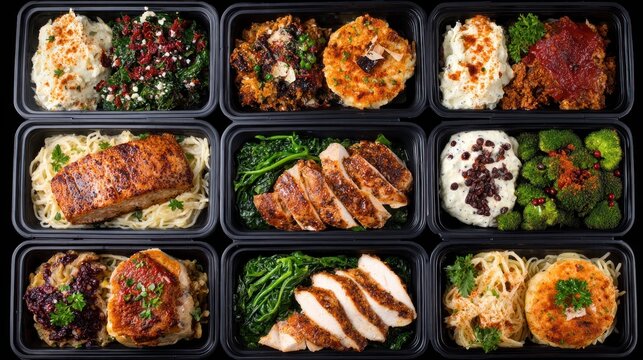 Multiple prepackaged meals featuring various entrees, starches, and vegetables are neatly arranged for delivery or storage.
