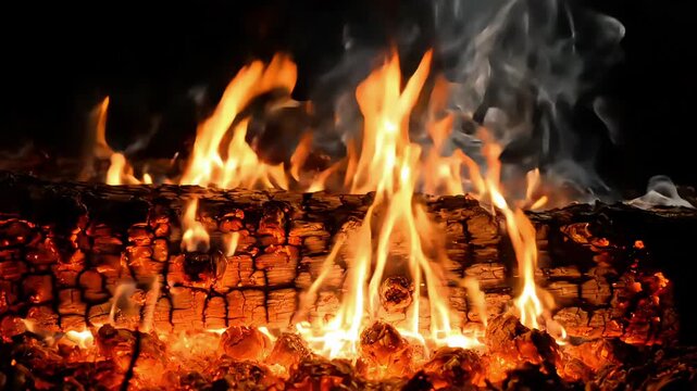 Vibrant orange flames burning on a log at night