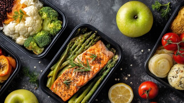 Multiple prepackaged balanced meals featuring fish and fresh produce arranged on a dark surface