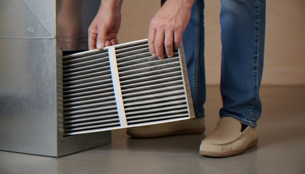 A close-up view of a person replacing a dirty HVAC air filter in a metallic furnace unit, emphasizing routine home maintenance and air quality control.