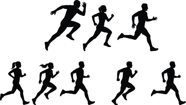 Silhouettes of athletes running in diverse stride positions showcasing dynamic human motion for fitness, sports, and design concepts