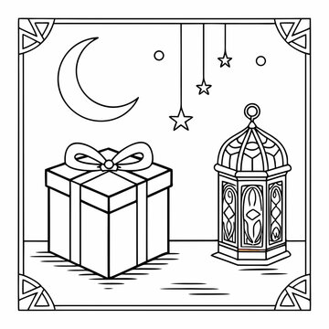 Coloring sheet: gift moon stars traditional lantern with islamic lantern gift box crescent moo