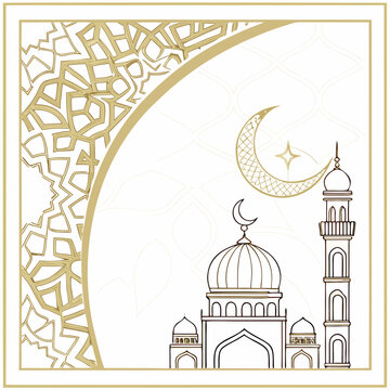 Islamic mosque and crescent moon graphic with geometric pattern line art middle eastern