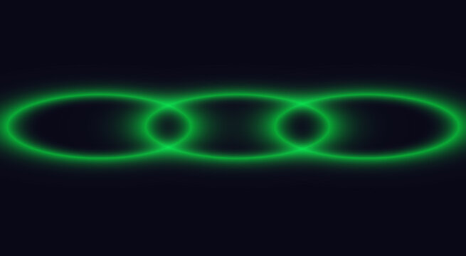 Abstract dark background with three glowing green interlocking rings, symbolizing connectivity, network, technology, and futuristic digital concepts in sci-fi style.