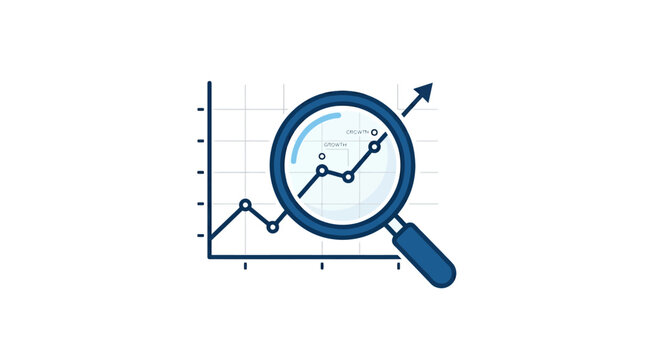 Magnifying glass over a rising financial growth line chart vector illustration