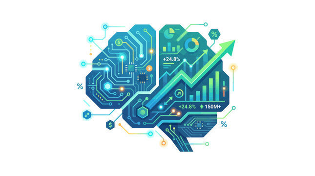 Digital brain illustration with circuit board patterns and financial growth charts