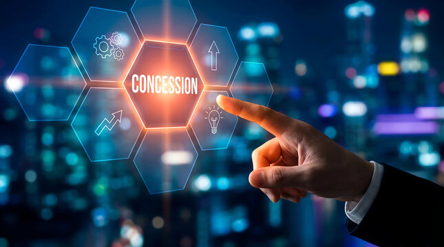Businessman touching digital screen with concession concept for business strategy over blurred night cityscape background.
