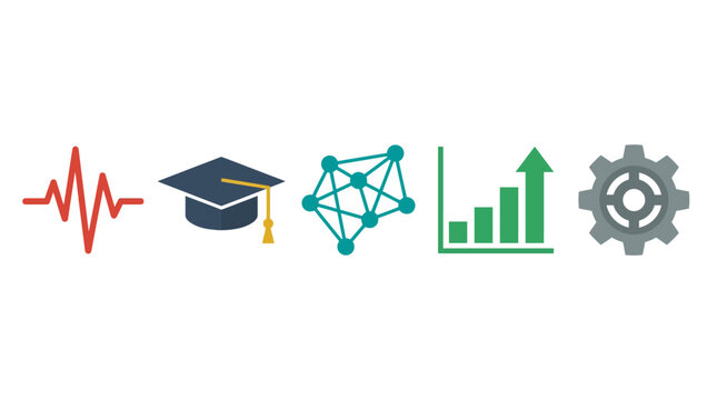 Set of five flat vector icons representing heartbeat pulse graduation cap network connection bar chart and mechanical gear on white background