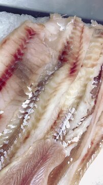 Fresh cod fillets on ice display, trimmed pale pink flesh arranged on crushed ice at seafood market counter