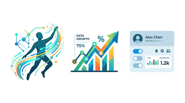 Digital data analytics and human performance metrics vector illustration set featuring a stylized person with network lines and business growth charts