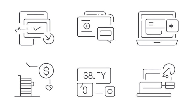A collection of modern line art icons representing digital concepts such as task completion communication online transactions and data analysis