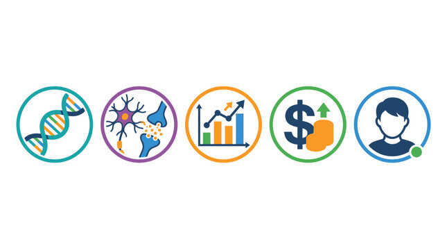 Set of five circular icons featuring DNA helix neuron synapse bar chart dollar sign and user profile in a flat vector illustration style