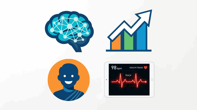 Vector illustration set featuring a human brain with neural network nodes a rising bar chart a smiling person icon and a digital health tracker