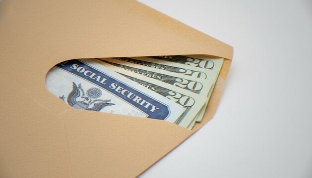 A close-up view of a beige envelope containing a Social Security card and several twenty-dollar bills, symbolizing retirement savings, government benefits, or financial planning.
