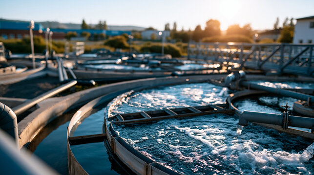 Wide establishing shot of a large water treatment plant in a flat coastal or suburban landscape with multiple large circular treatment basins access roads and pipework visible