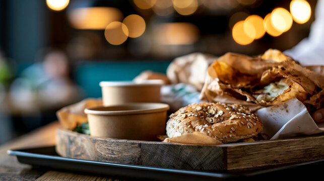 Close up of discarded fast food packaging half eaten burger crumpled paper cups and greasy wrappers piled on a tray harsh overhead lighting revealing textures of food waste