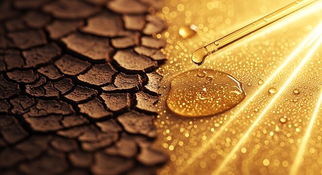 A pipette dropping a single golden liquid droplet onto a parched, cracked earth surface with sunlight shining