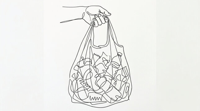 Minimal line-art vector of hand holding a plastic bag filled with groceries for shopping, retail, and everyday objects illustration vector collection