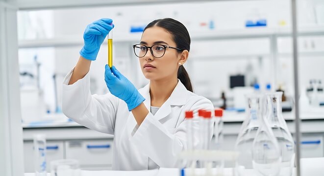 A scientist in a lab setting examining a yellow liquid in a test tube