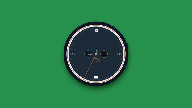 Clock face, dark blue, green background, minimalist design, horology HD animation