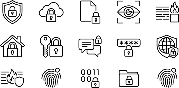 Collection of digital security and privacy line icons including home safety cloud encryption biometric scanning and data firewall protection for modern technology interfaces.