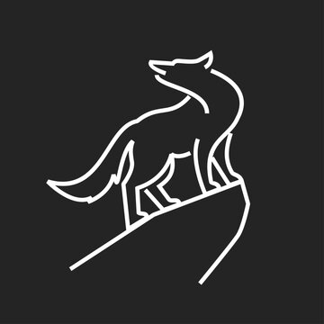 Minimalist White Line Art Wolf Standing on Rock Looking Up, Elegant Monochrome Vector Illustration