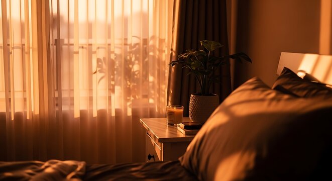 A serene bedroom scene with warm sunlight filtering through sheer curtains