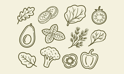 Fototapeta premium Healthy food and vegetables line art vector collection for healthy lifestyle.