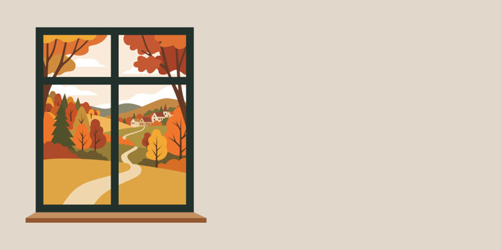 Window view of rural village landscape in autumn season. Fall trees and path in countryside. Seasonal nature scenery through home window frame with copy space for text background.