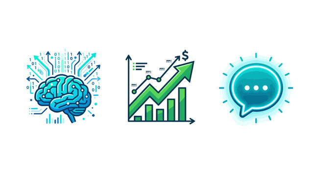 Set of three vector icons featuring a digital brain with binary code, a rising financial growth chart with a dollar sign, and a speech bubble icon