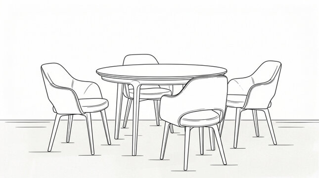 Minimal line-art vector of round dining table with four chairs for interior design, furniture, and home decor illustration vector collection