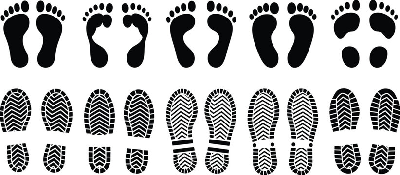 Human, footprints vector illustration featuring diverse bare feet and shoe sole prints with walking step patterns.
