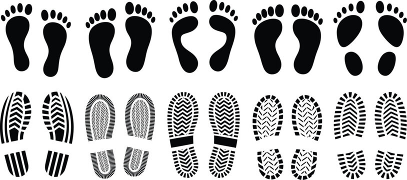 Human, footprints vector illustration featuring diverse bare feet and shoe sole prints with walking step patterns.