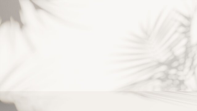 Minimal abstract beige background with soft tropical leaf shadow and empty product display surface