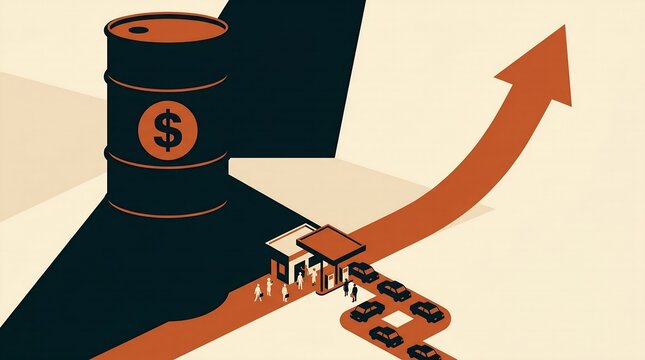 Global Oil Price Hike and Fuel Shortage Concept with Big Crude Barrel and Gas Station Queue Illustration