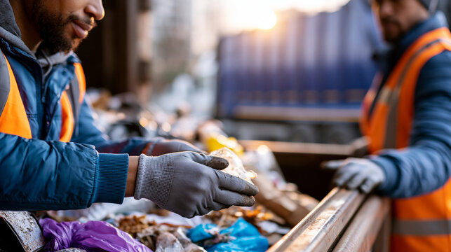 Unrecognizable worker in work clothes and gloves unloading mixed household waste and bulky rubbish items from the open rear of a large business collection truck onto a waste
