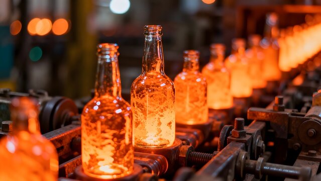 Hot glass bottles on production line