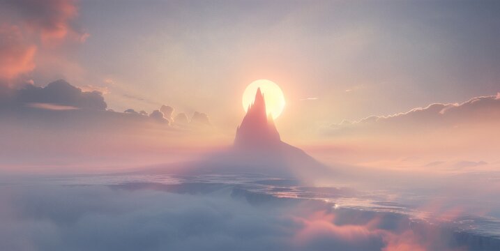 Epic fantasy mountain peak above sea of clouds at sunset, ethereal glowing landscape, cinematic nature background